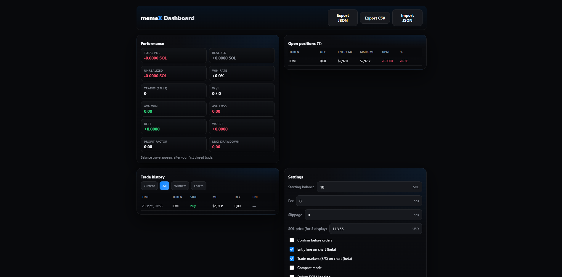 memeX Simulator — Paper Trading, capture 8
