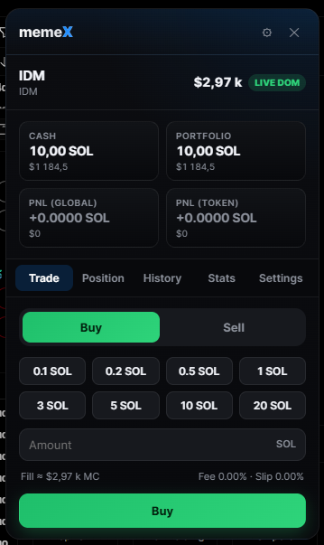 memeX Simulator — Paper Trading, capture 1