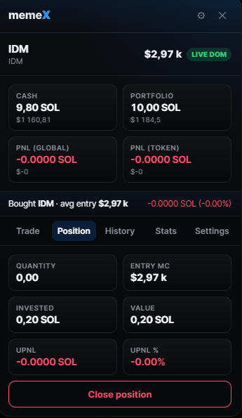 memeX Simulator — Paper Trading, capture 2