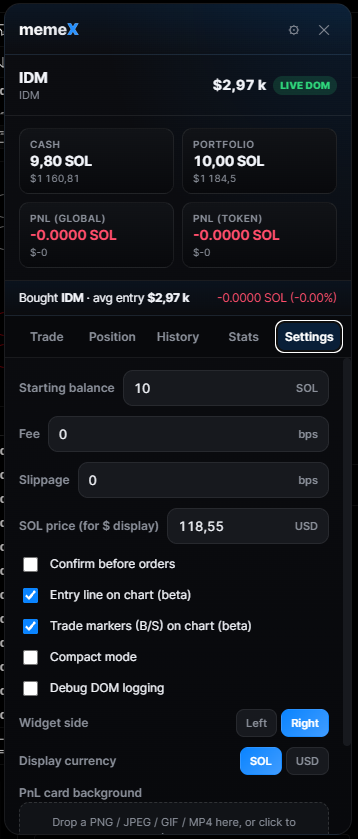 memeX Simulator — Paper Trading, capture 5
